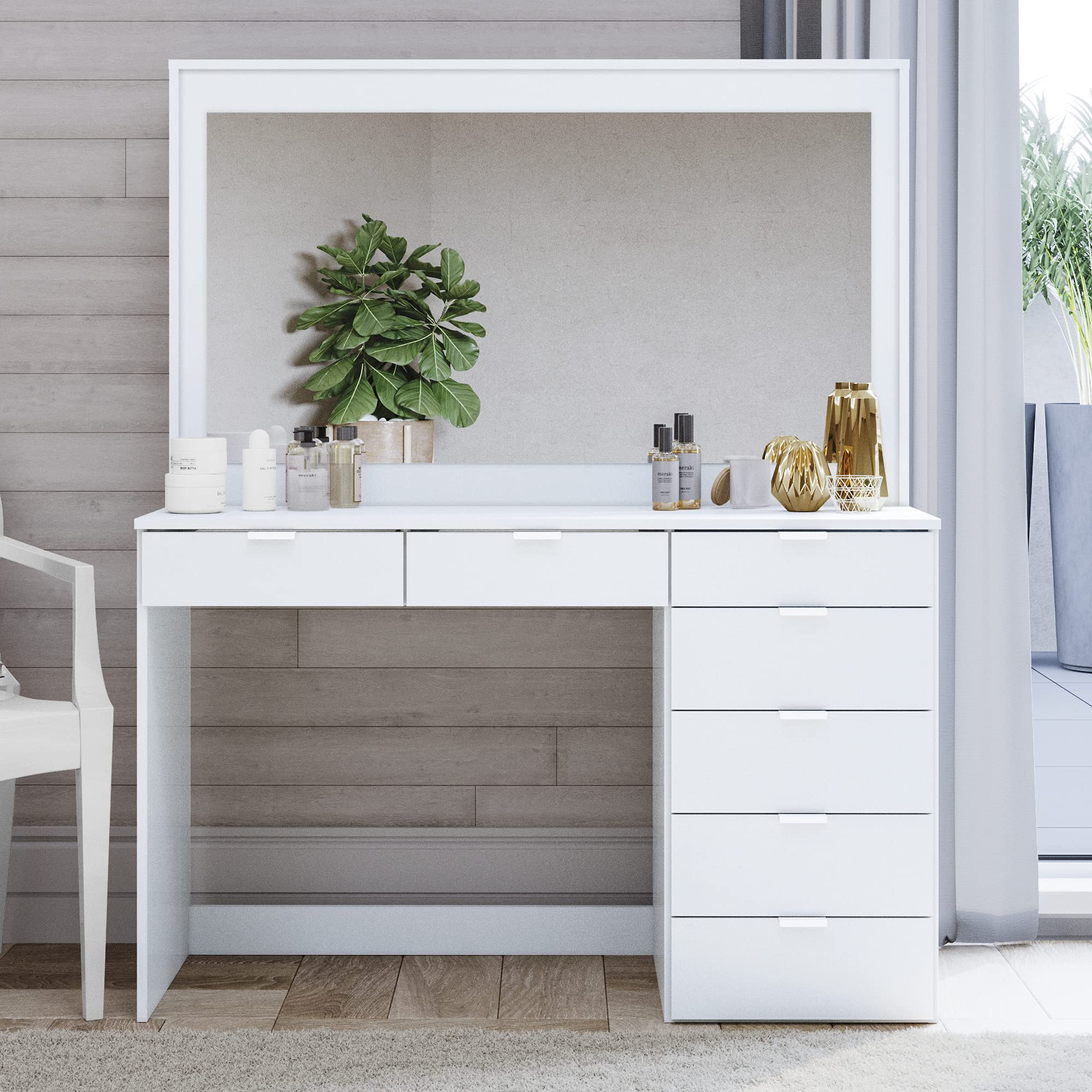 【Furniture】Dressing Table, 7 Drawers Large Mirror, Hollywood Style