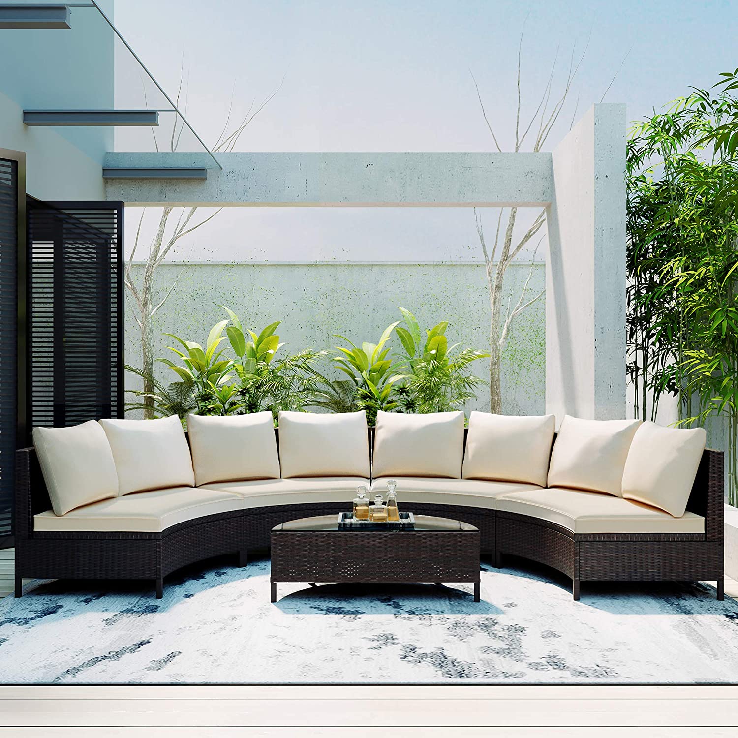 GODAFA 8 Seating Outdoor Patio Furniture Sectional Sofa Set, All-Weather Half-Moon with Tempered Glass Table for Backyard Porch Poolside (Brown Wicker, Gray Cushion), Beige