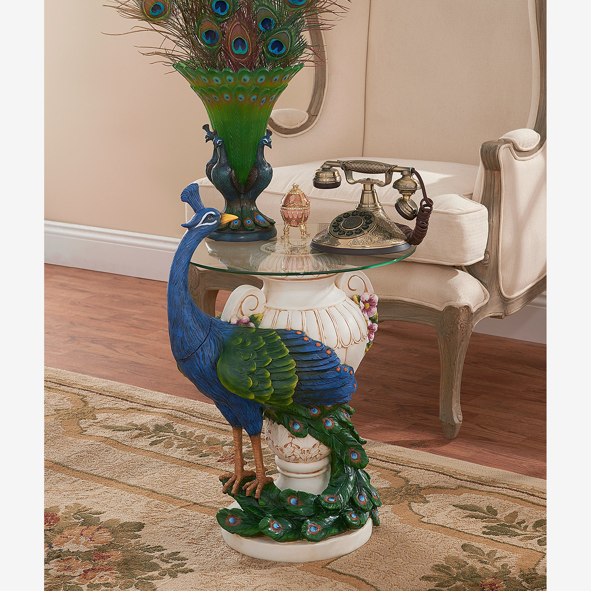 【Furniture】Staverden Castle Peacock Glass Topped Side Table, 25 Inch, Full Color