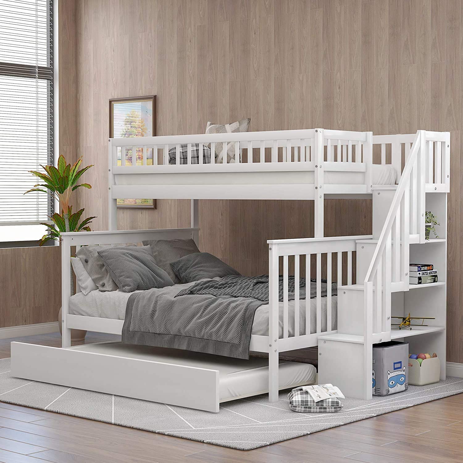 Double bunk bed with stairs, solid wood bunk bed with casters and storage drawers, bunk bed with stairs