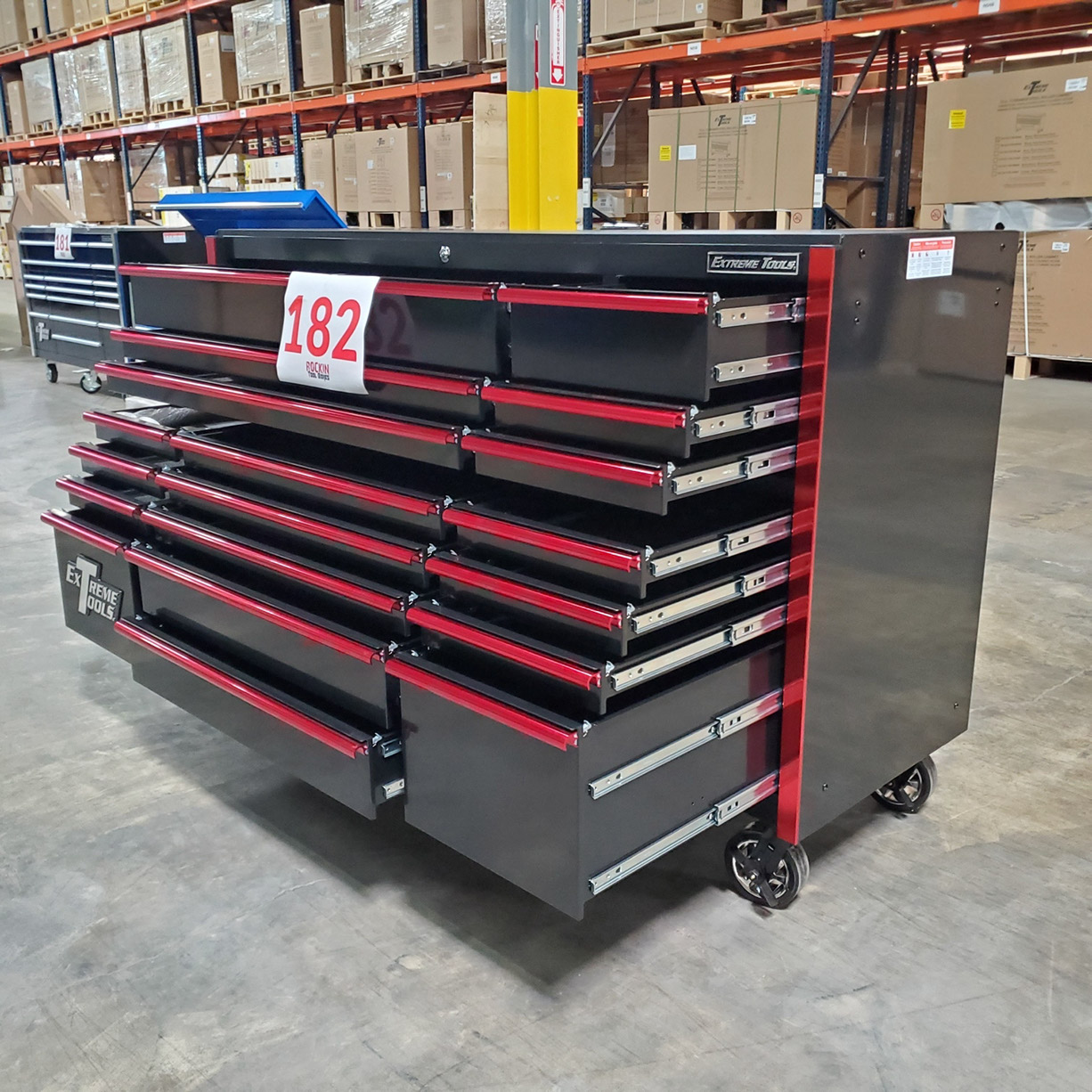 n- used toolboxShowroom Demo, Extreme Tools RX Series 72 19 Drawers 25 Deep Roller Cabinet, Black-Red, 150 lbs. Slidesn-