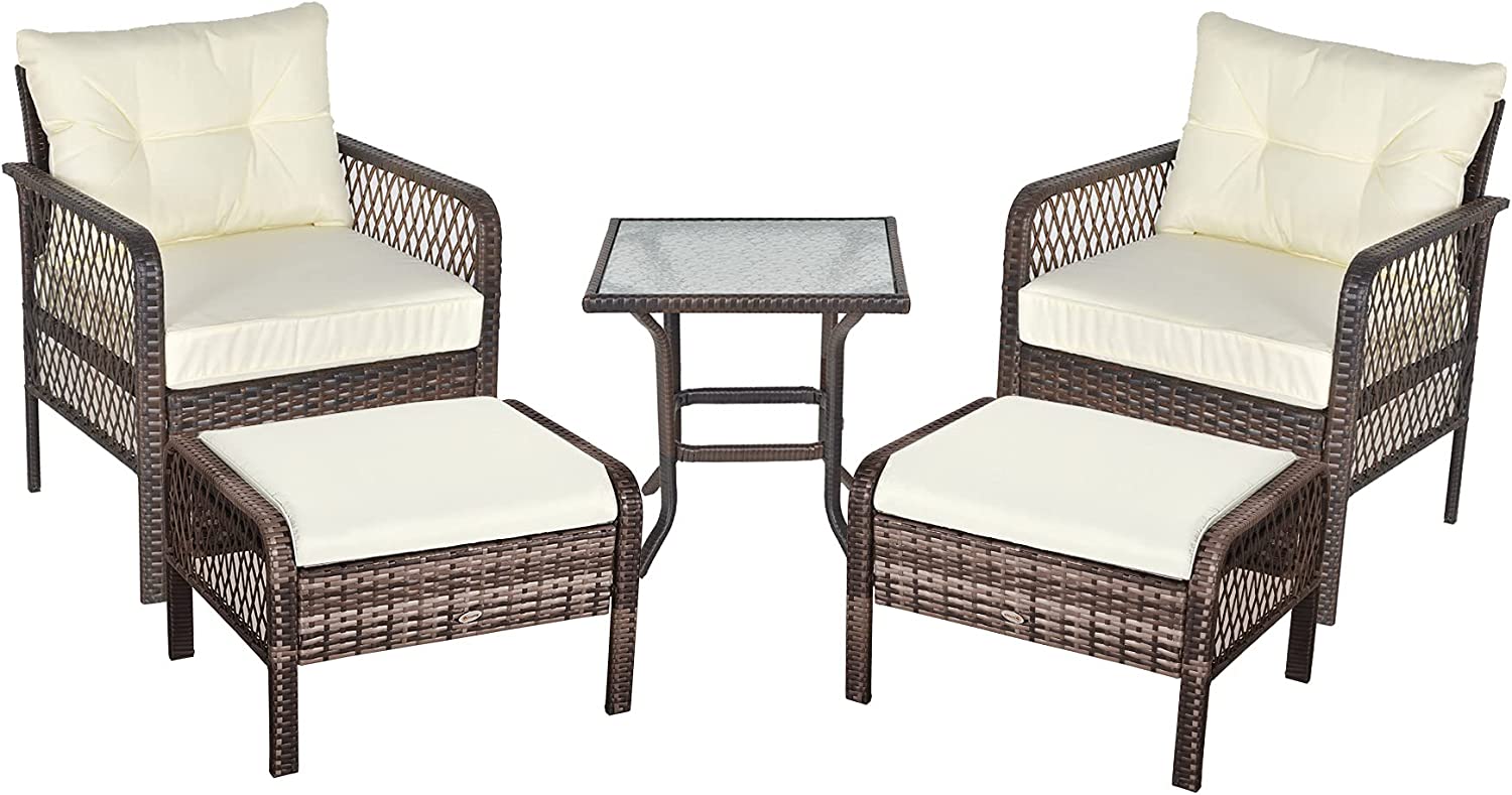 Outsunny 5-Piece Wicker Patio Armchair Set with Ottoman, Outdoor PE Rattan Furniture Set with Comfortable Zippered Cushions & Weather-Fighting Build, Grey